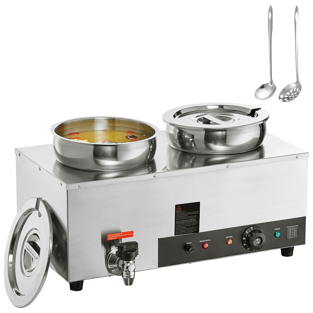 Electric Soup Warmer, Dual 7.4QT Stainless Steel Round Pot, 1200W Commercial Food Warmer, 86~185 Fahrenheit Adjustable Temp, Bain Marie with Anti-Dry Burn and Reset Button