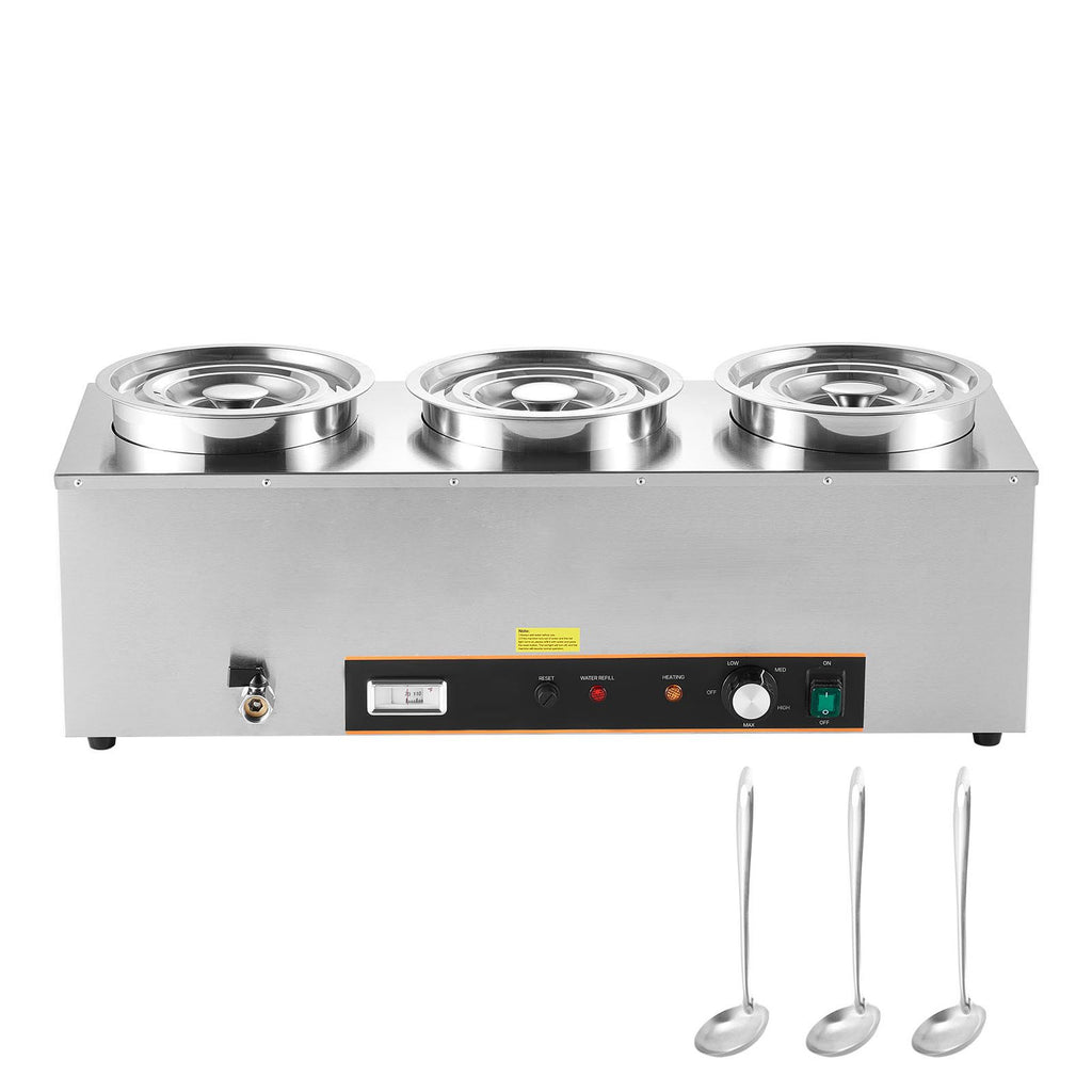 Electric Soup Warmer, Three 6.34QT Stainless Steel Round Pot with 86~185 Fahrenheit Adjustable Temp, 1500W Commercial Bain Marie with Anti-dry Burn and Reset Button, Soup Station for Buffet