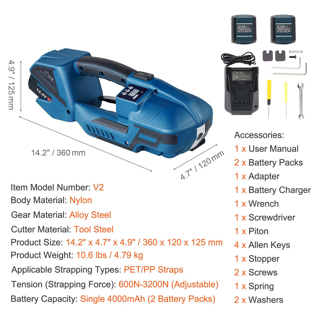 Electric Strapping Machine, for 0.35"-0.63" PP PET Straps, Portable Electric Banding Tool with Digital Display, 2 x 4000mAh Battery Powered Automatic Strapping Tool for Packaging Box Pallet