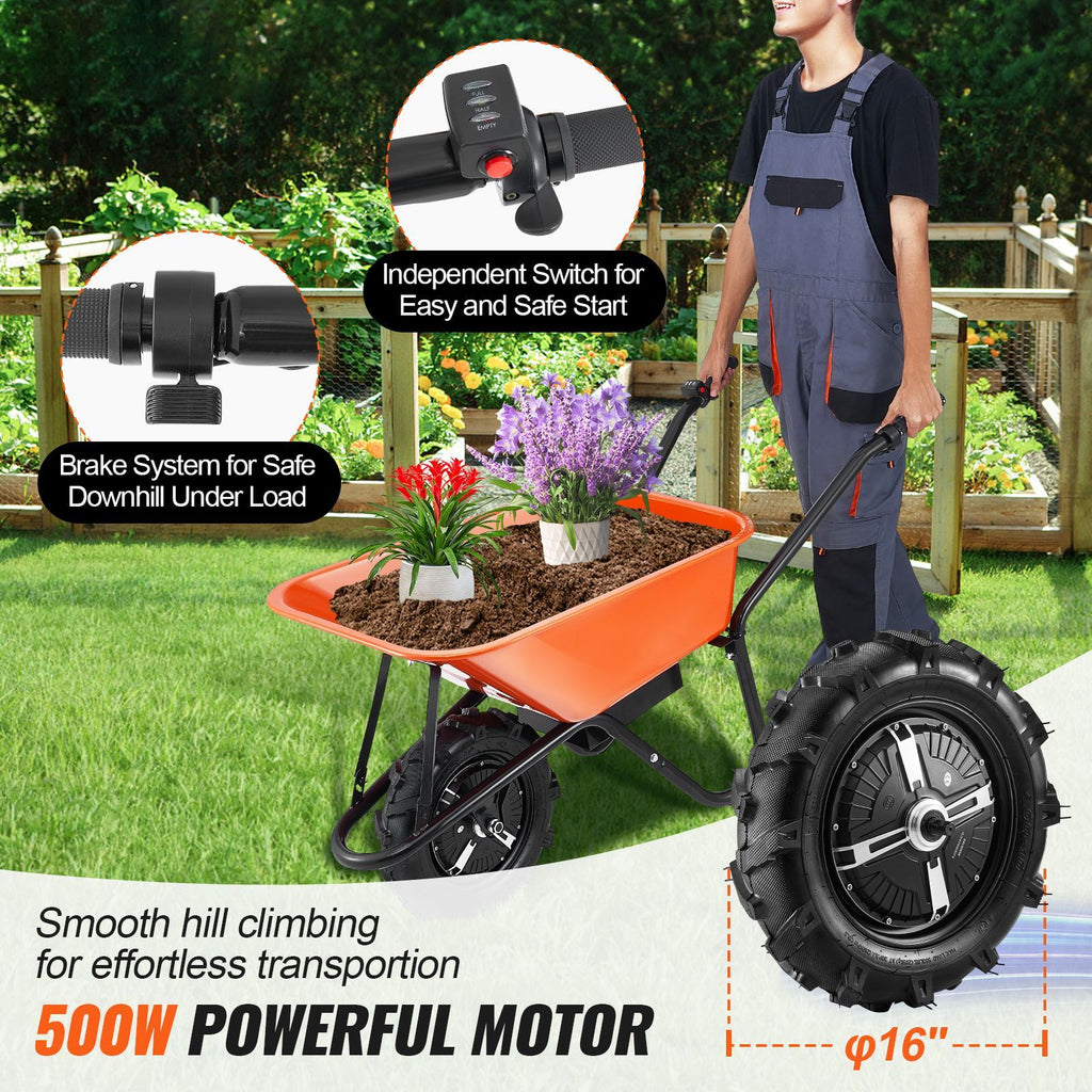 Electric Wheelbarrow Cart, 500W Powered Utility Garden Wagon Dump Cart, 5 Cu. Ft. Load & 330 lbs Capacity with Metal Handle & 16" Track Wheels, One Wheel Barrow Yard Cart & Wagons for Lawn Farm