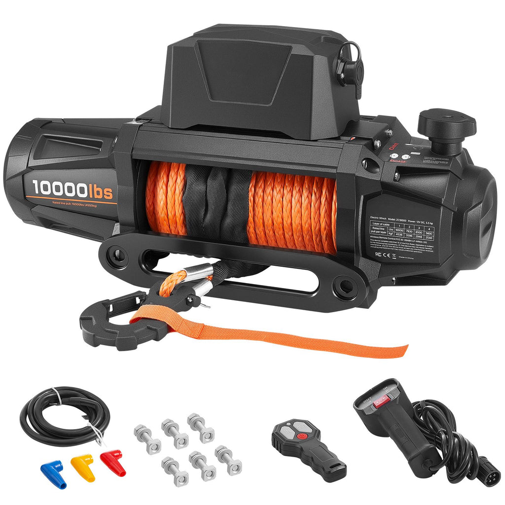 Electric Winch, 10000 lbs Load Capacity, 12V DC Truck Winch with Φ7/20 in x 90 ft Synthetic Rope, Wireless & Wired Remote Control, IP67 Waterproof for Towing Off-Road SUV Jeep Trailer Boat