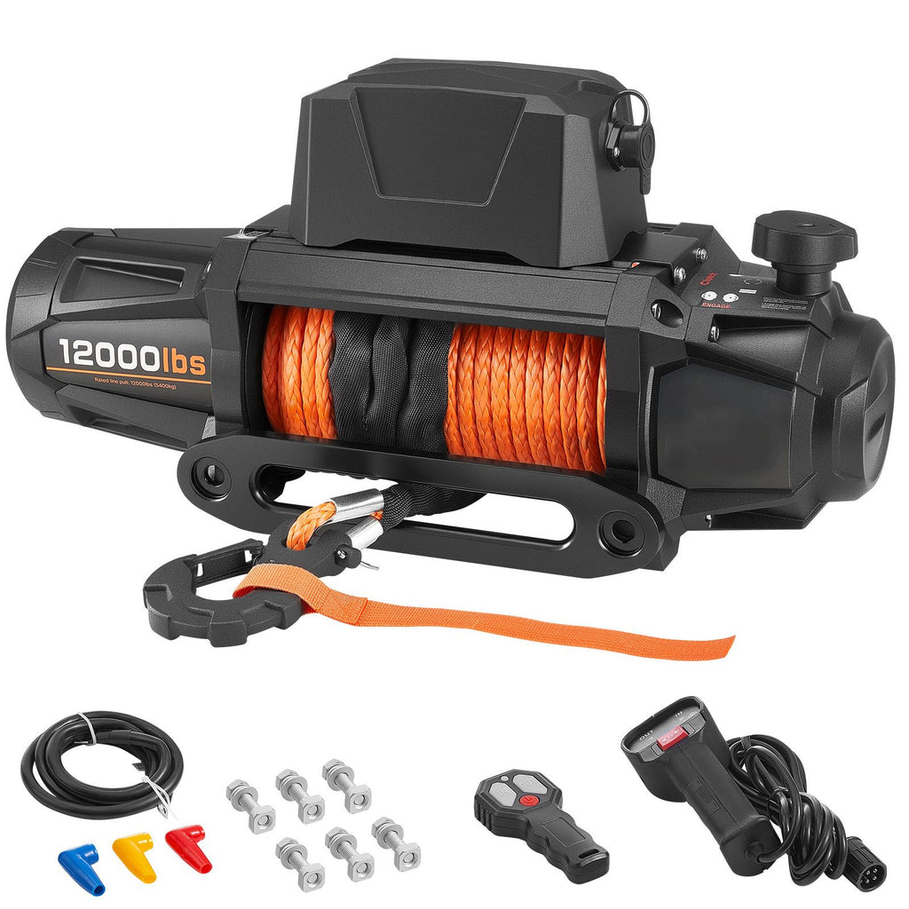 Electric Winch, 12000 lbs Load Capacity, 12V DC Truck Winch with Φ3/8 in x 92 ft Synthetic Rope, Wireless & Wired Remote Control, IP67 Waterproof for Towing Off-Road SUV Jeep Trailer Boat