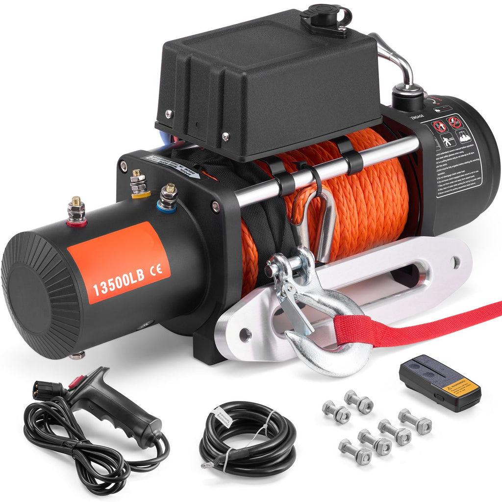 Electric Winch, 13500 lbs Load Capacity, 12V DC Truck Winch with Φ3/8 in x 80 ft Synthetic Rope, Wireless & Wired Remote Control, Suitable for Towing Off-Road SUV Jeep Trailer Boat