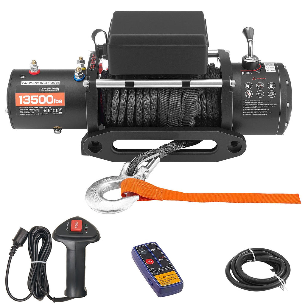 Electric Winch, 13500 lbs Load Capacity, 12V DC Truck Winch with Φ3/8 in x 85 ft Synthetic Rope, Wireless & Wired Remote Control, IP55 Waterproof for Towing Off-Road SUV Jeep Trailer Boat