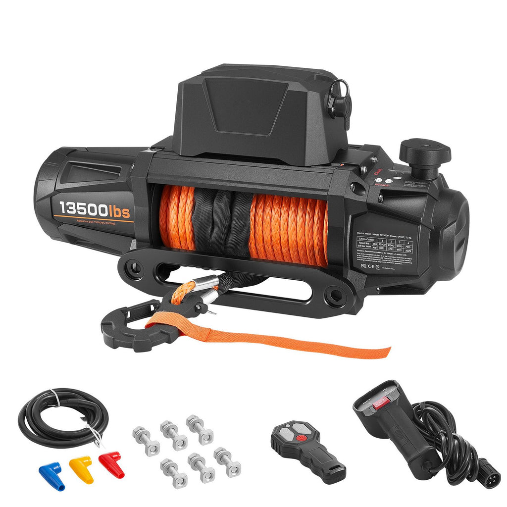 Electric Winch, 13500 lbs Load Capacity, 12V DC Truck Winch with Φ3/8 in x 92 ft Synthetic Rope, Wireless & Wired Remote Control, IP67 Waterproof for Towing Off-Road SUV Jeep Trailer Boat