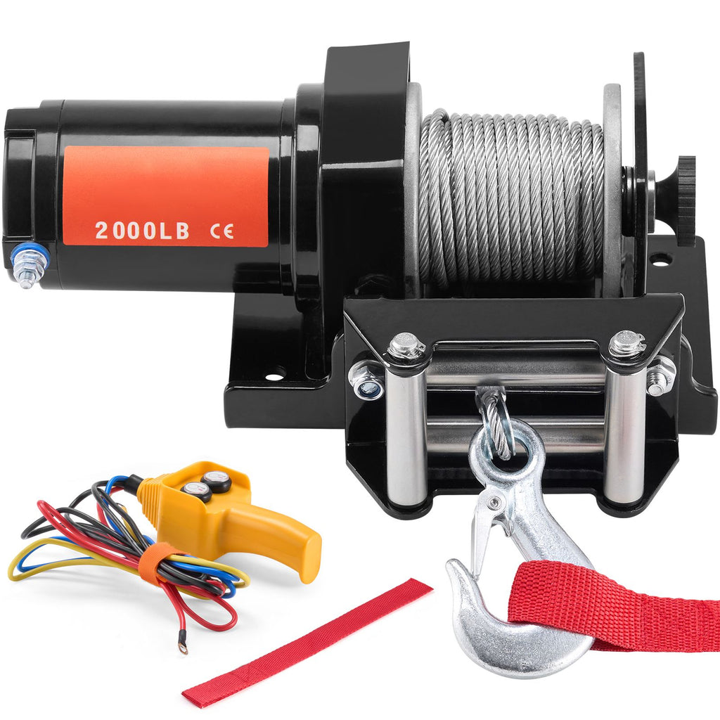 Electric Winch, 2000 lb Line Pull Capacity, 12V DC ATV/UTV Winch with Φ5/32 in x 39 ft 7 Strands Steel Cable Roller Fairlead Wired Remote Control, IP55 Waterproof for Towing UTV ATV Off-Road