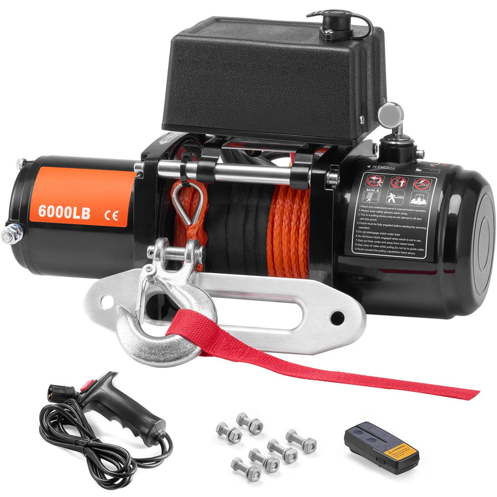 Electric Winch, 6000 lb, 12V DC Truck Winch with Φ1/4 in x 55 ft Synthetic Rope Aluminum Fairlead Wireless & Wired Remote Control, IP55 Waterproof for Towing Off-Road SUV Truck Jeep Trailer Boat