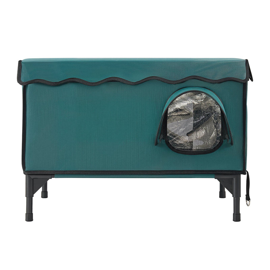 Elevated Heated Cat House 25.4W Insulated Kitty Shelter with Camera, for Indoor Outdoor Winter Use, 2-Door & Private Side Curtain, Weatherproof Stray Feral Shelter with Heated Pad for Outside