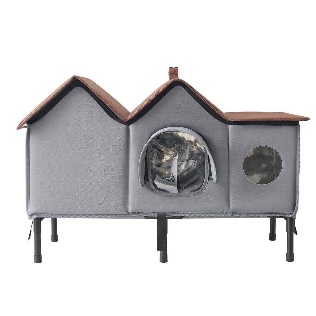 Elevated Heated Cat House 35W Insulated Kitty Shelter with Heated Pad, for Indoor Outdoor Winter Use, Double-Door & Private Side Curtain, Waterproof Weatherproof Stray Feral Shelter for Outside