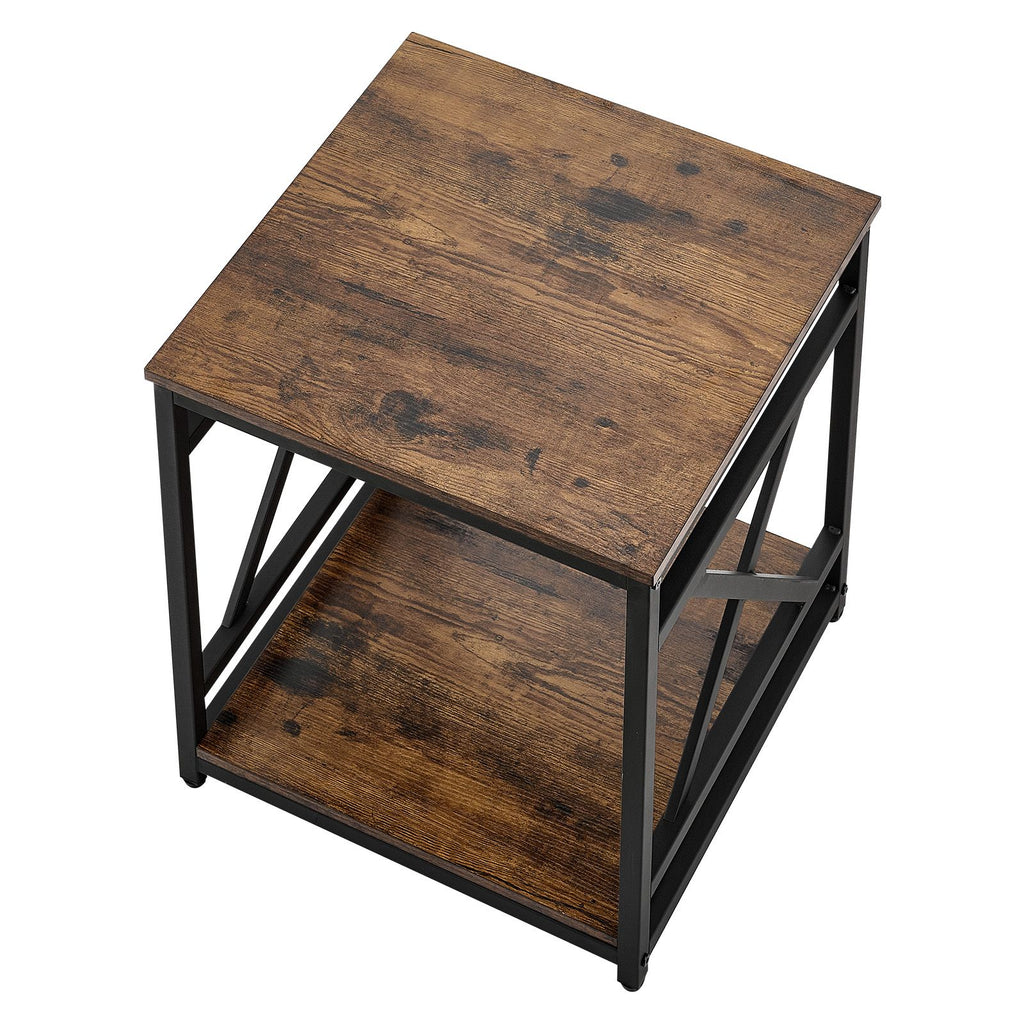 End Table, 2-Tier Square Side Table with Open Storage Shelves, Modern Nightstand Bedside Desk with X-Design Metal Frame, Wood Sofa Coffee Desk for Living Room, Bedroom, Office, Dorm, Brown