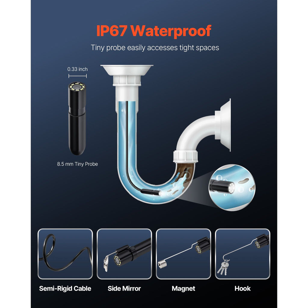 Endoscope Camera with 49.2FT Semi-Rigid Cable, 1920P HD Borescope for Android & IOS, Industrial Inspection Camera with Light - 8 LED, 2X Zoom, IP67 Waterproof Snake Camera for Auto, Plumbing