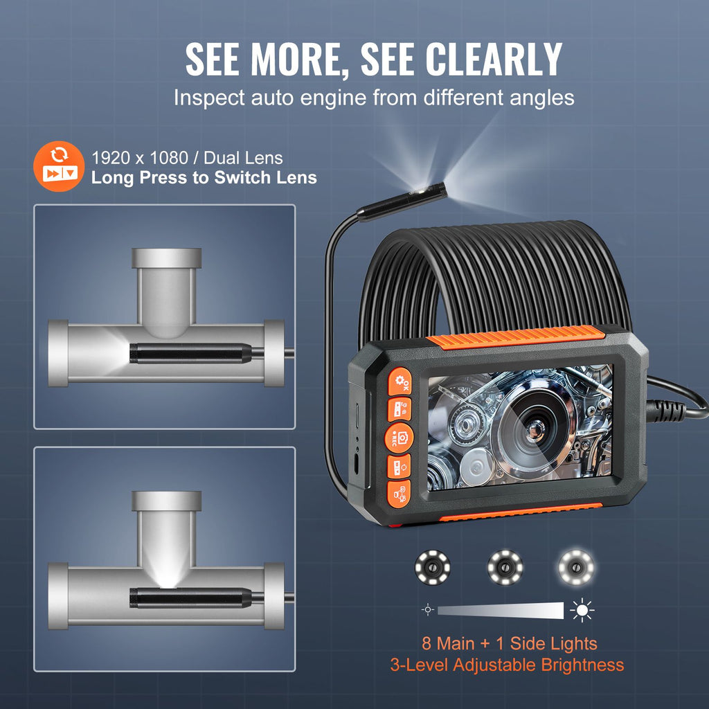 Endoscope Camera with Light, Dual Lens Borescope with 49.2FT Semi-Rigid Cable, 4.3" Screen 1080P Inspection Camera, 8 + 1 LED Lights, 4X Zoom, IP67 Waterproof Snake Camera for Auto, Plumbing
