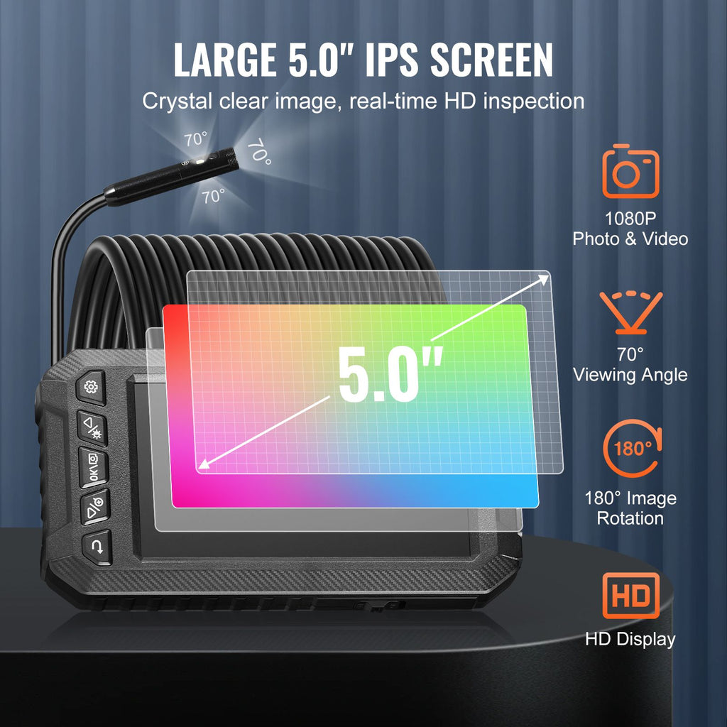 Endoscope Camera with Light, Triple Lens Borescope with 49.2FT Semi-Rigid Cable, 5" Screen 1080P Inspection Camera, 8 + 2 LED Lights, IP67 Waterproof Snake Camera for Auto, Plumbing (32GB Card)