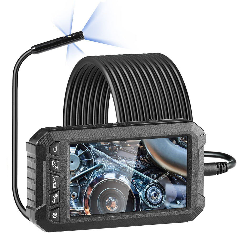Endoscope Camera with Light, Triple Lens Industrial Borescope, 5" Screen 1080P Inspection Camera, 8 + 2 Lights, IP67 Waterproof Snake Camera for Automotive, Plumbing (16.4FT Cable, 32GB Card)