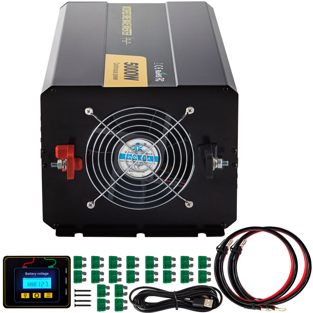 Energy Converter, 5000W Modified Wave Transformer, 12V DC to 110V AC Vehicle Adapter, featuring LCD Screen, Remote Control, LED Light, and GFCI Sockets for RVs, Trucks, Boats, and Outdoor Adv