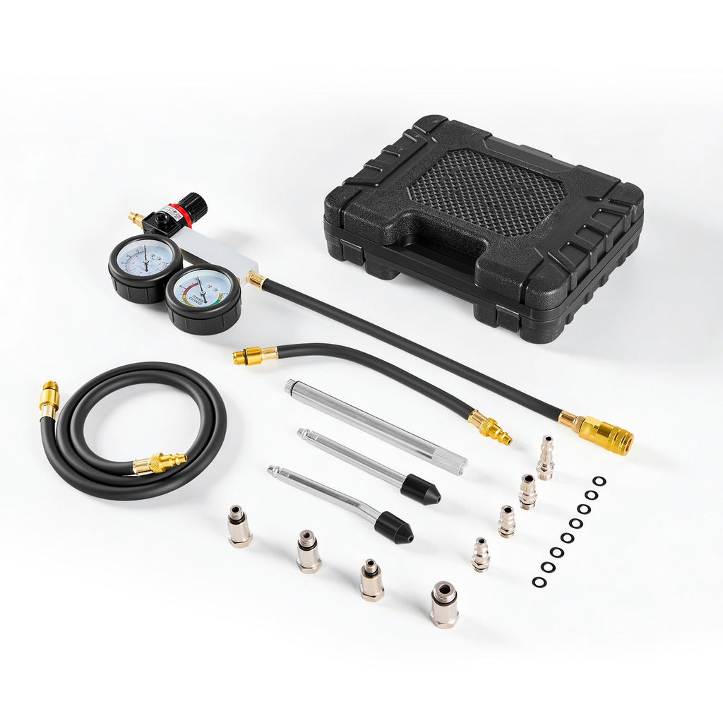 Engine Cylinder Compression Tester Kit, Pressure Gauge Range of 0-100 PSI, Automotive Leak Down Tester Kit with 4 Adapters, 2 Metal Tubes, Pressure Check & Leakage Rate Test on Cars, Motorcycles
