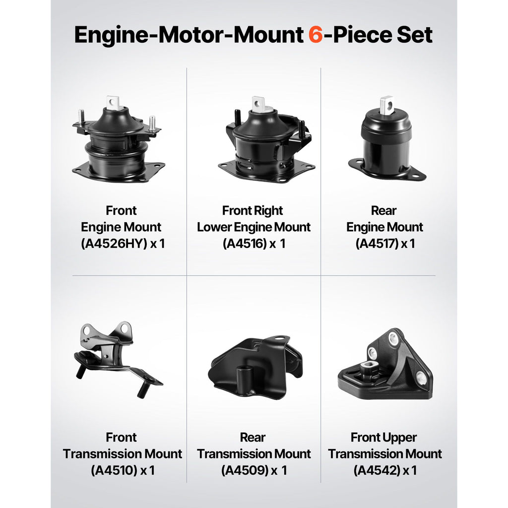 Engine Motor Mount and Transmission Mount Kit Replacement, Set of 6, Compatible with 2003–2007 Honda Accord 2.4L L4, Replace OE# A4526HY, A4517, A4516, A4510, A4509, A4542, Secure Support image 2