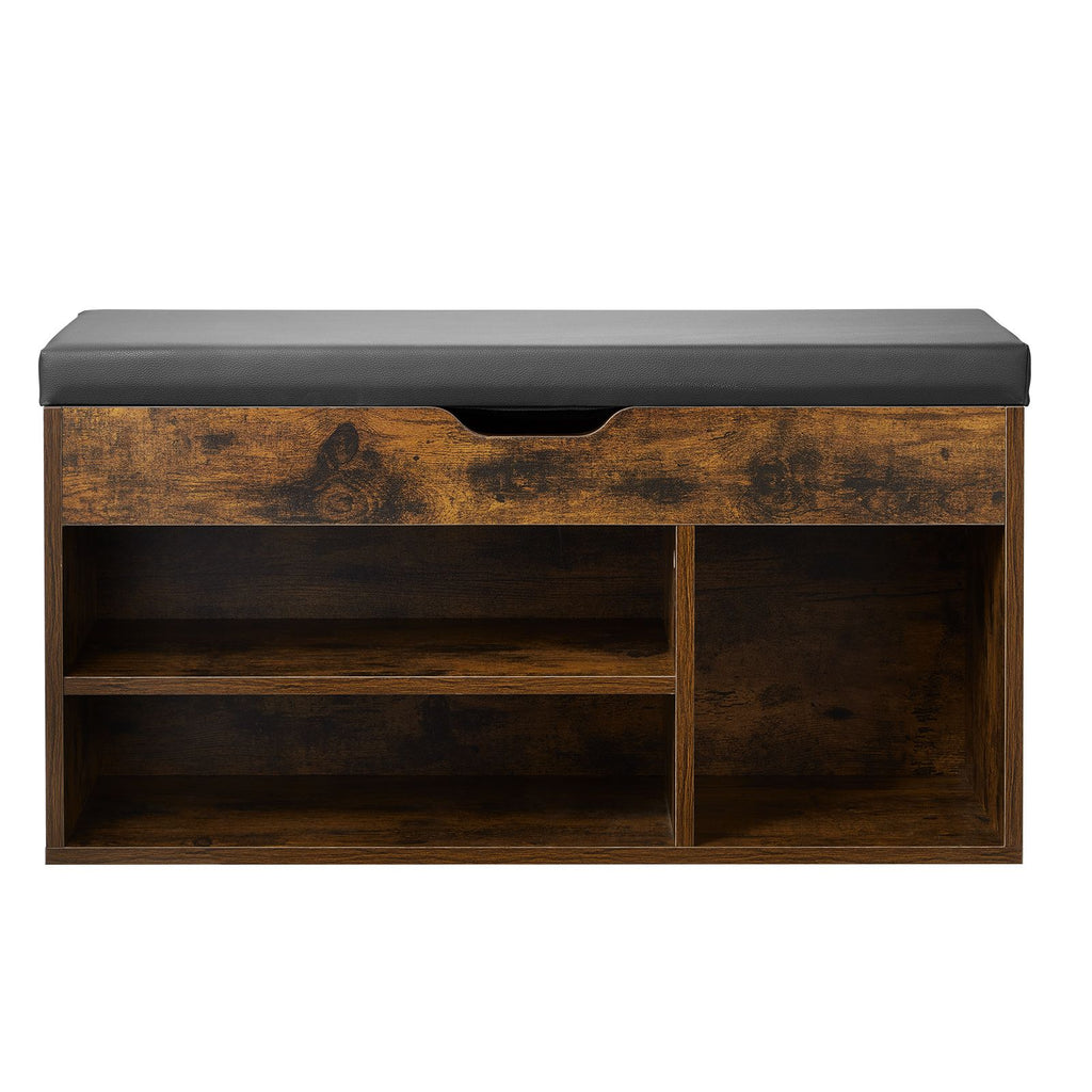 Entryway Shoe Bench, 31.7 x 12.0 x 17.5 Inch Shoe Storage Organizer with Lift Top Storage Space, 300lbs Bench with Cushion Seat and 3 Cabinets for Hallway, Living Room, Bedroom, Brown + Black