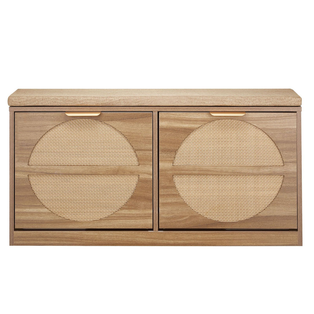 Entryway Shoe Bench, 38.9 x 9.4 x 19.7 Inch Rattan-Like Shoes Bench with Flip Drawers, 440lbs Shoe Storage Rack with Cushion, 4 Compartments and Rattan Doors, for Hallway, Living Room, Bedroom