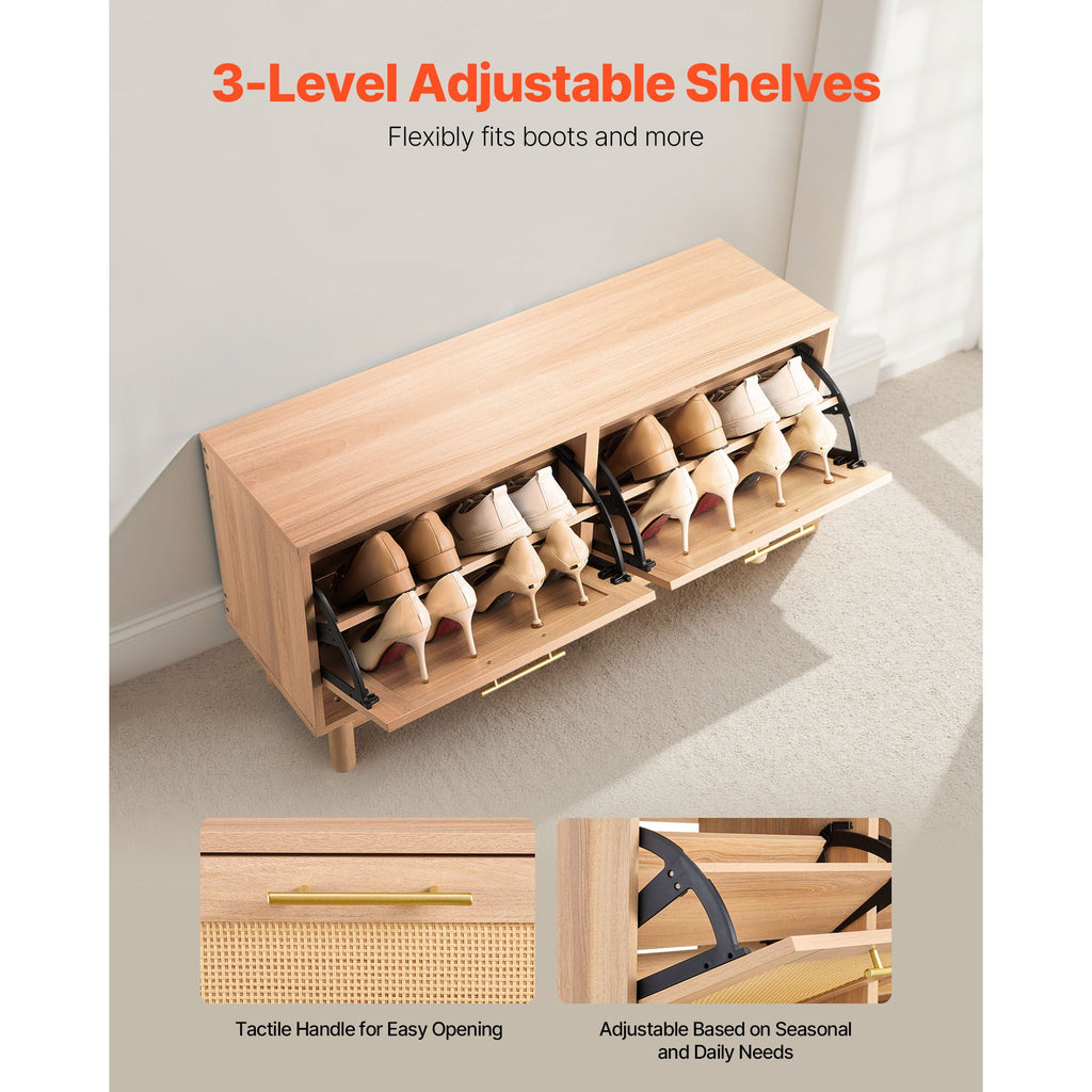 Entryway Shoe Bench, 39.4 x 11.8 x 20.9 Inch Rattan-Like Shoes Bench with 2 Flip Drawers, 300lbs Shoe Storage Rack with 4 Compartments and 2 Rattan Doors, for Hallway, Living Room, Bedroom