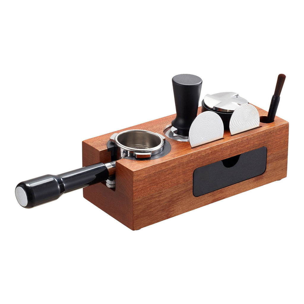 Espresso Tamping Station, Sapele Wood, 8-in-1 Multifunctional Tamping Station with Detachable Slot, Easy to Clean Espresso Knock Box with Non-Slip Base, Fits for 51-58 mm Handles