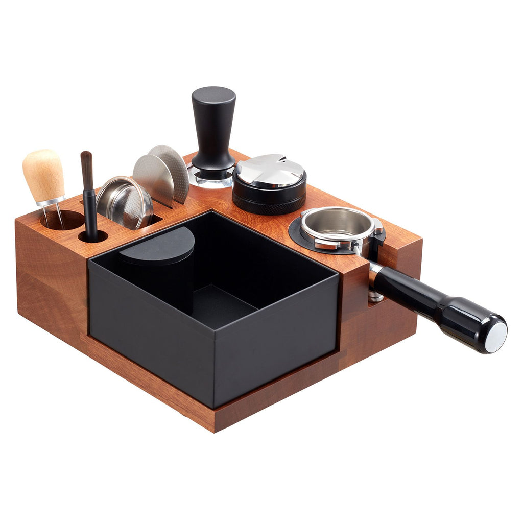 Espresso Tamping Station, Sapele Wood, 9-in-1 Multifunctional Tamping Station with Detachable Slot, Easy to Clean Espresso Knock Box with Non-Slip Base, Fits for 51-58 mm Handles