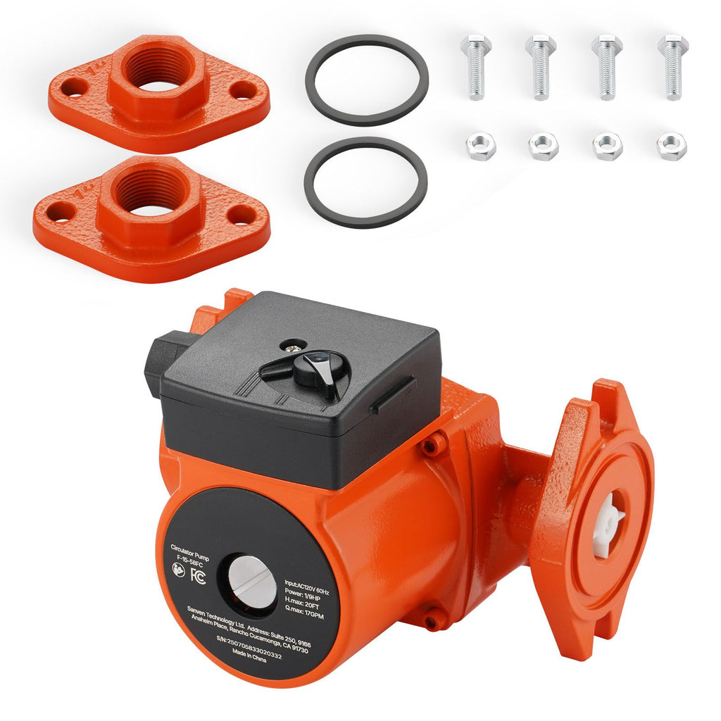 F-15-58FC Cast Iron Circulator Pump, 17 GPM, AC 120V 20 ft Hot Water Recirculating Circulation Pump, 1-Inch Flange Connection, 3-Speed Adjustment, Quiet Operation, for Home Water Heating System
