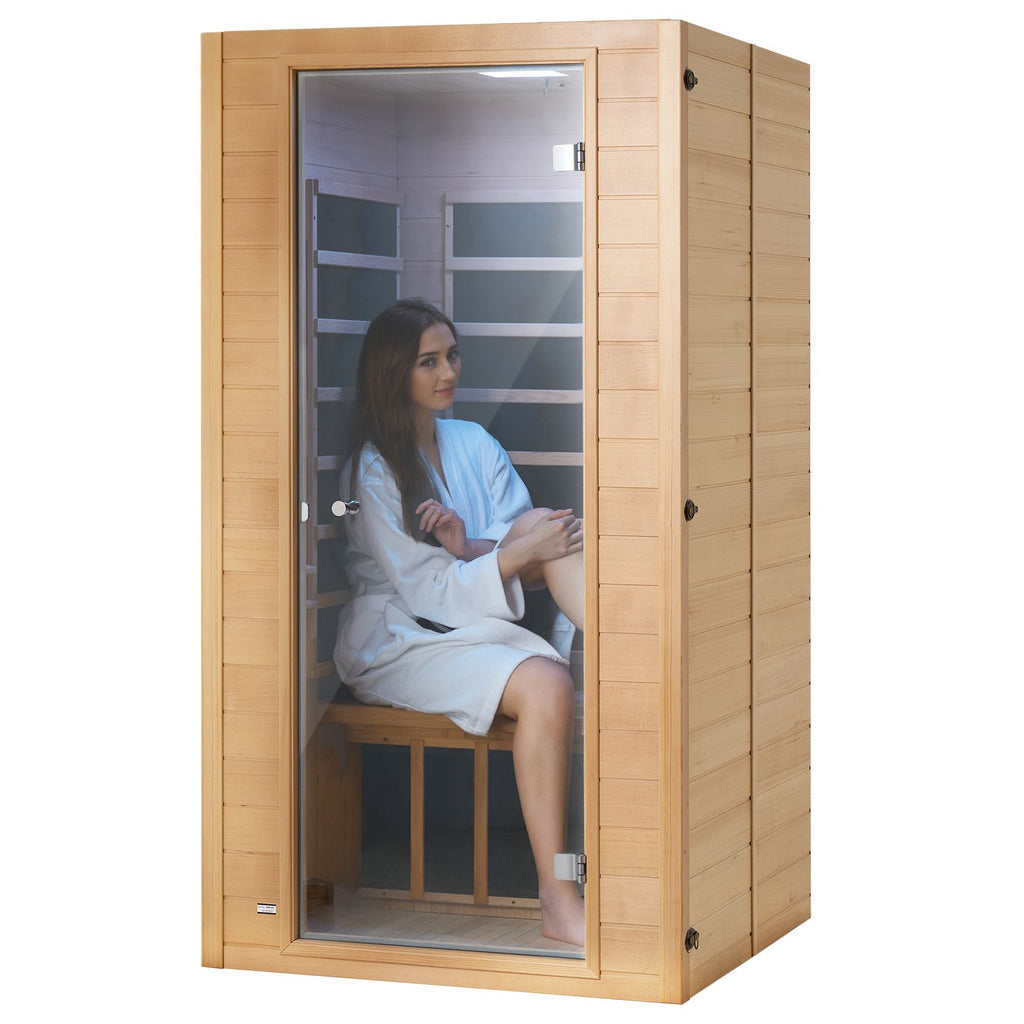 Far Infrared Wooden Sauna, Room Home Sauna Spa for 1 to 2 Person, Low EMF Far Infrared Hemlock Wood Sauna with Tempered Glass Door & Multicolor Lamp & Bluetooth Speakers & Chromotherapy Lights,