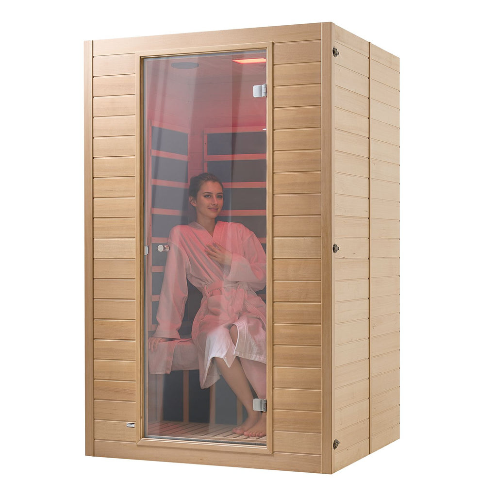 Far Infrared Wooden Sauna, Room Home Sauna Spa for 2 Person, Low EMF Far Infrared Hemlock Wood Saunas with Tempered Glass Door & 2 Bluetooth Speakers, 1800W Indoor Use