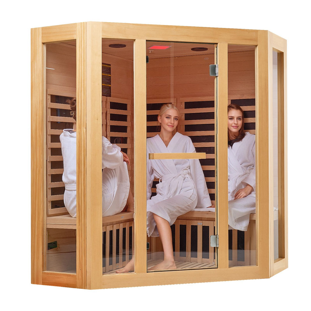 Far Infrared Wooden Sauna, Room Home Sauna Spa for 3 to 4 Person, Low EMF Far Infrared Hemlock Wood Sauna with Tempered Glass Door & Bluetooth Speakers & Chromotherapy Lights, 2470W Indoor
