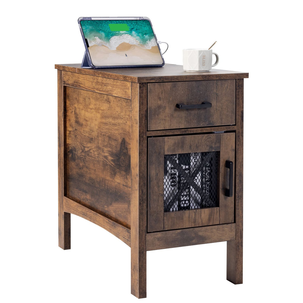 Farmhouse End Table, Nightstand with Charging Station, 3 Tiers End Table with Storage Cabinet and 1 Drawer, Side Table with USB Ports and Outlets, Ideal for Living Room, Bedroom, Burlywood