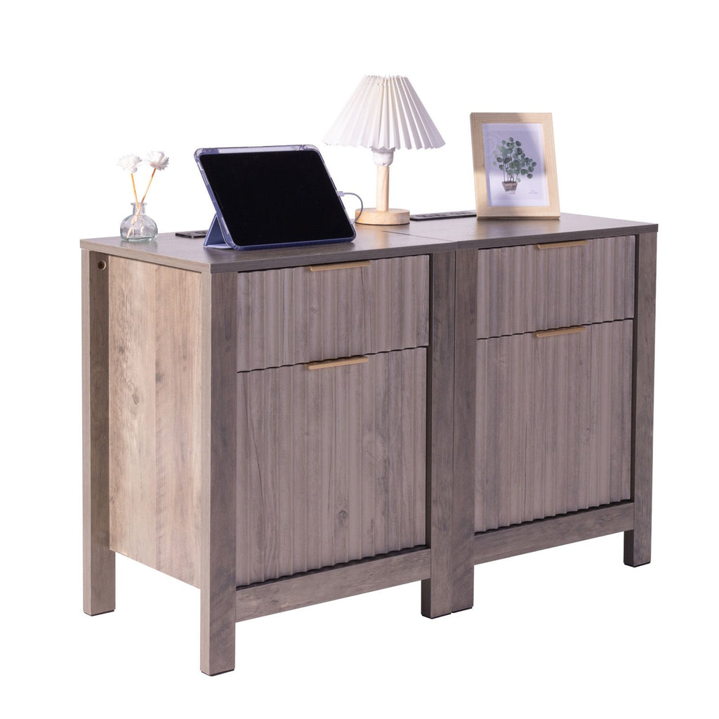 Farmhouse End Table Set of 2, Nightstand with Charging Station, 3 Tiers Side Table with Storage Cabinet and 2 Drawers, Side Table with USB Ports and Outlets, Ideal for Living Room, Bedroom, Gray
