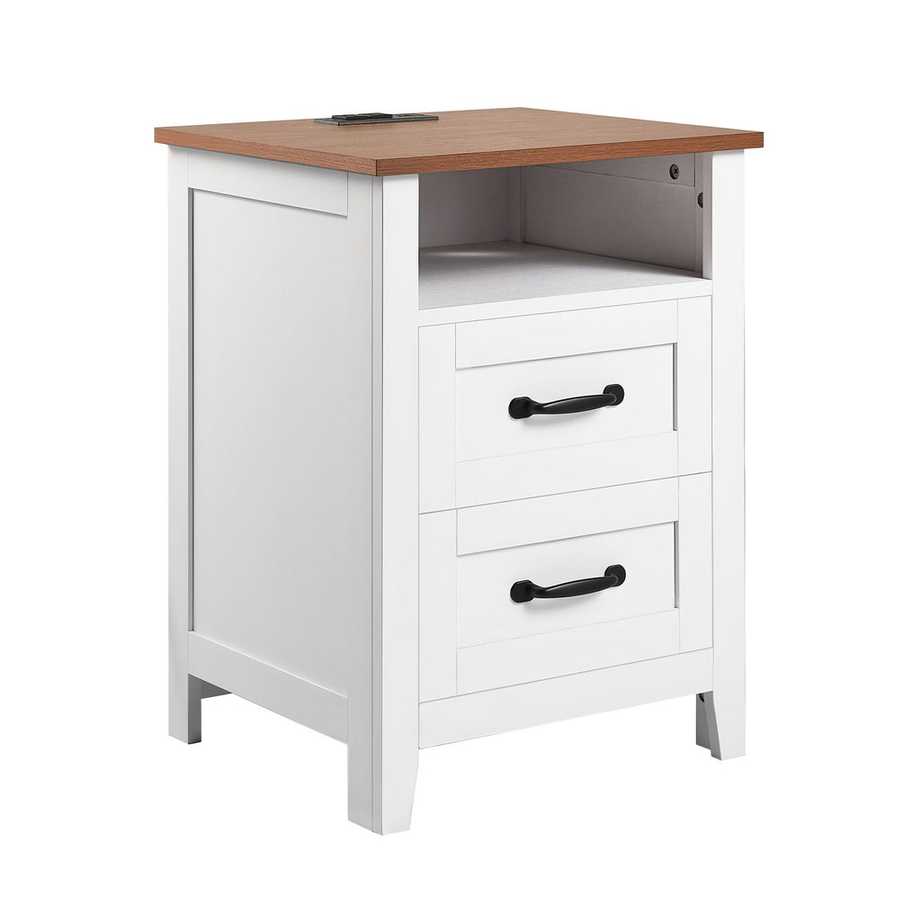 Farmhouse Nightstand, with Charging Station, End Table with 2 Drawers and Open Shelf, Bedside Storage Cabinet, Rustic Side Table with USB Port and AC Outlets, for Bedroom, Living Room, White