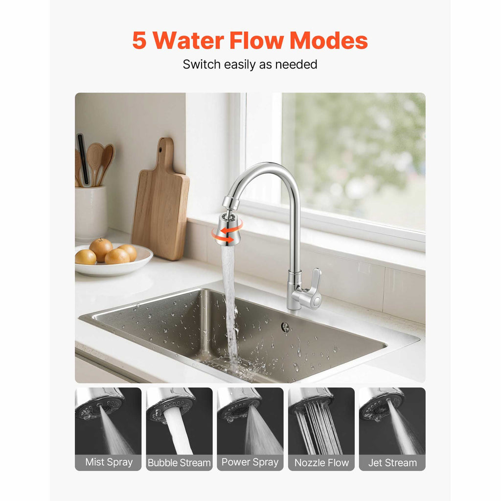 Faucet Aerator, 360° Swivel Kitchen Sink Aerator, 5-Function 5-Flow Sink Sprayer Attachment, Bathroom Faucet Extender Head Replacement for 15/16 inch Female Thread with Adapter & 55/64 inch Male