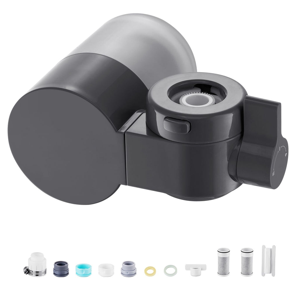 Faucet Mount Water Filter, Horizontal Water Purifier for Sink Tap, Carbon Fiber Filter, Removes Chlorine Lead with 3 Filters, Fits Most Kitchen or Bathroom Faucets, Gray