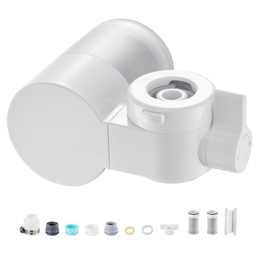 Faucet Mount Water Filter, Horizontal Water Purifier for Sink Tap, Carbon Fiber Filter, Removes Chlorine Lead with 3 Filters, Fits Most Kitchen or Bathroom Faucets, White