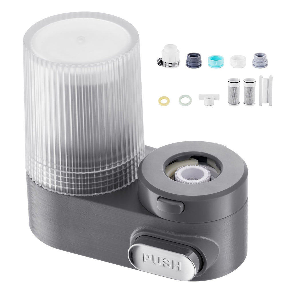 Faucet Mount Water Filter, Vertical Water Purifier for Sink Tap, Carbon Fiber Filter, Removes Chlorine Lead with 3 Filters, Fits Most Kitchen or Bathroom Faucets, Gray