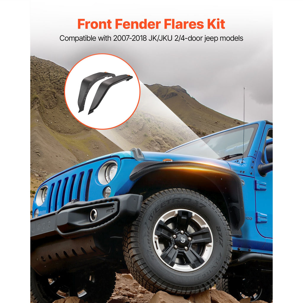 Fender Flare, Front Fender Flares Compatible with 2007-2018 Jeep JK/JKU 2/4 Doors, Off-Road Steel Liner Set with LED Lighting, Fenders for Jeep JK, Fine-Textured Black Paintable Wheel Flares Set image 2