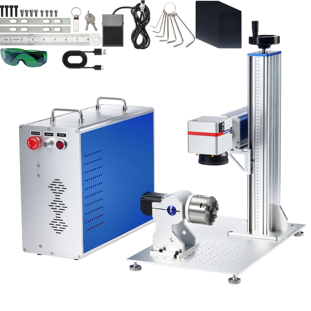 Fiber Laser Marking Machine, 100W Compatible with LightBurn, MOPA Color Fiber Laser Engraver, 6.9" x 6.9" Working Area with Rotary Axis, Solid State Laser Machine for Aluminum Steel Jewelry Gold