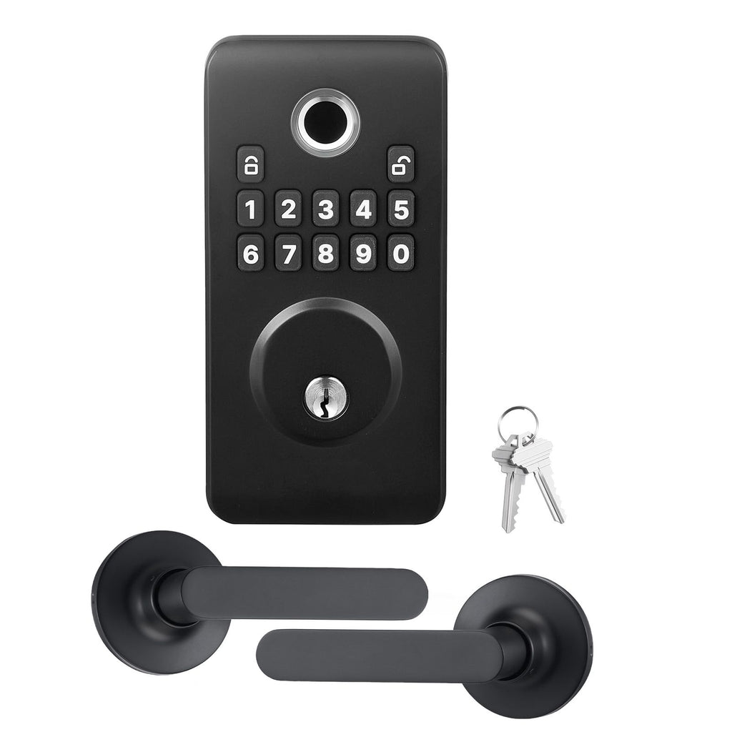 Fingerprint Door Lock Set, Electronic Biometric Deadbolt Keyless Entry Door Lock with Handle, Pioneering Easy-Grip Design, Auto Locking, One-Time Code, Anti-Peeking Password, Matte Black