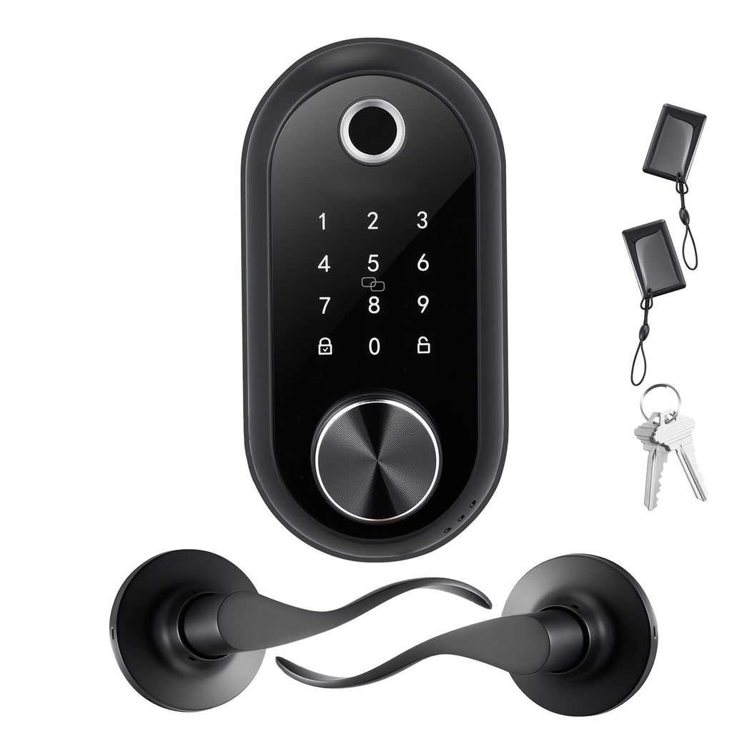Fingerprint Door Lock Set, Electronic Biometric Deadbolt Keyless Entry Door Lock with Handle, Touchscreen, Auto Locking, One-Time Code, Anti-Peeking Password, IC Cards, for Home, Matte Black