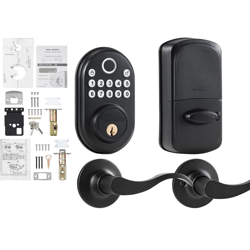 Fingerprint Door Lock with Level Handles, Fingerprint/Keypad Code/Key, One-Time and Anti-Peeking Password, Constant Unlock Mode, Aluminum Alloy, Electronic Keypad Deadbolt for Entry Doors