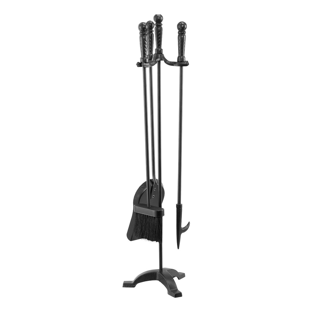 Fireplace Tool Set, 4 PCS Fire Tool Set and Holder with Three-Prong Stand, Ash Shovel, Brush, Fire Place Poker, Wrought Iron Fireplace Accessories for Campfire Indoor/Outdoor, Black