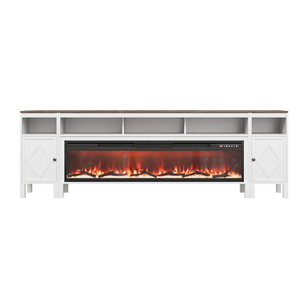 Fireplace TV Stand, Farmhouse Fireplace TV Stand for TVs up to 100 inch, Farmhouse Entertainment Center with 60 inch Fireplace & Storage Drawers for Living Room Bedroom, Remote Control, White
