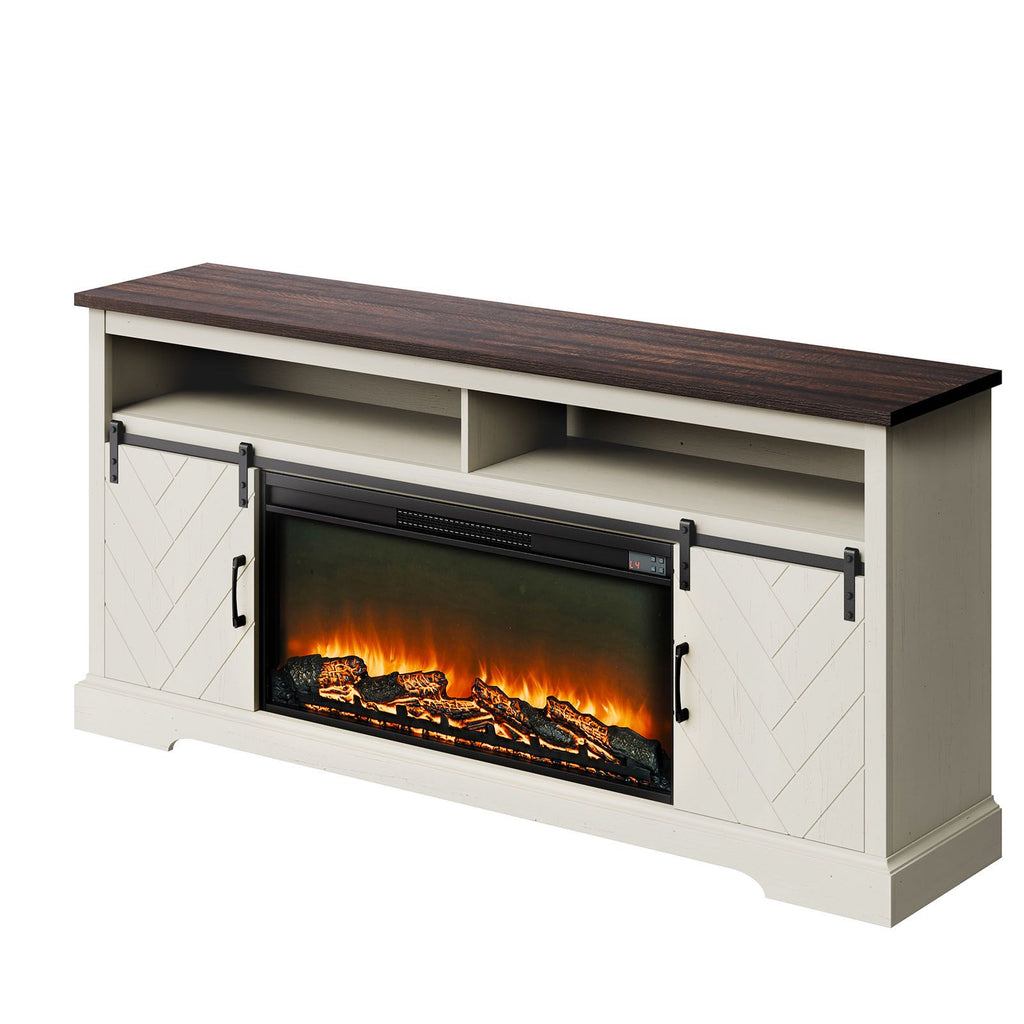 Fireplace TV Stand, Farmhouse Fireplace TV Stand for TVs up to 80 inch, Farmhouse Entertainment Center with 36 inch Fireplace & LED Lights, Electric Fireplaces for Living Room Bedroom, White