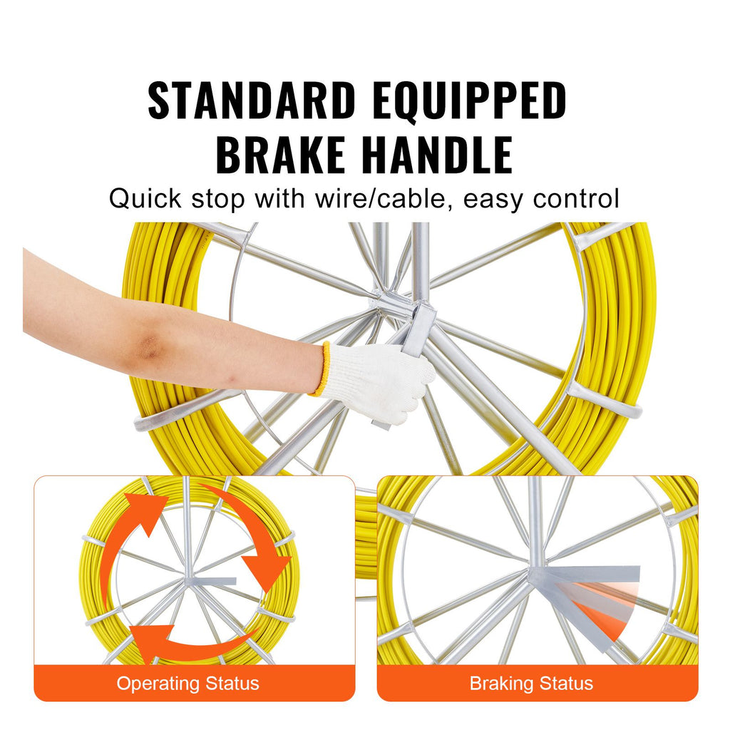 Fish Tape Fiberglass, 425 ft, 1/4 inch, Duct Rodder Fishtape Wire Puller, Cable Running Rod with Steel Reel Stand, 3 Pulling Heads, Fishing Tools for Walls and Electrical Conduit, Non-Conductive