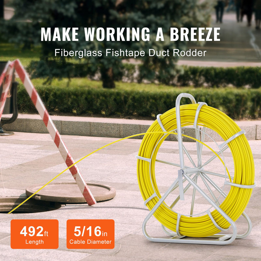 Fish Tape Fiberglass, 492 ft, 5/16 in, Duct Rodder Fishtape Wire Puller, Cable Running Rod with Steel Reel Stand, 3 Pulling Heads, Fishing Tools for Walls and Electrical Conduit, Non-Conductive