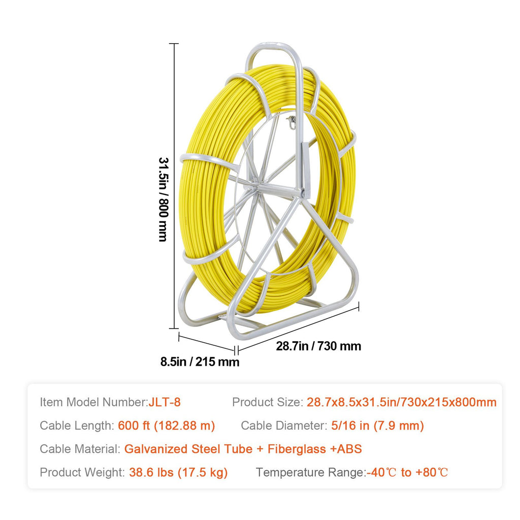 Fish Tape Fiberglass, 600 ft, 5/16 in, Duct Rodder Fishtape Wire Puller, Cable Running Rod with Steel Reel Stand, 3 Pulling Heads, Fishing Tools for Walls and Electrical Conduit, Non-Conductive