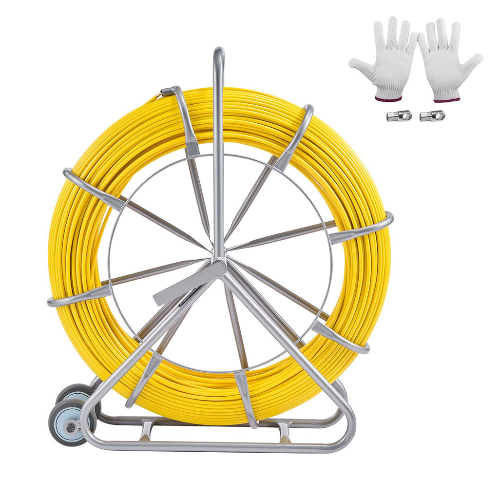 Fish Tape Fiberglass, 656 ft, 5/16 in, Duct Rodder Fishtape Wire Puller, Cable Running Rod with Steel Reel Stand, 3 Pulling Heads, Fishing Tools for Walls and Electrical Conduit, Non-Conductive
