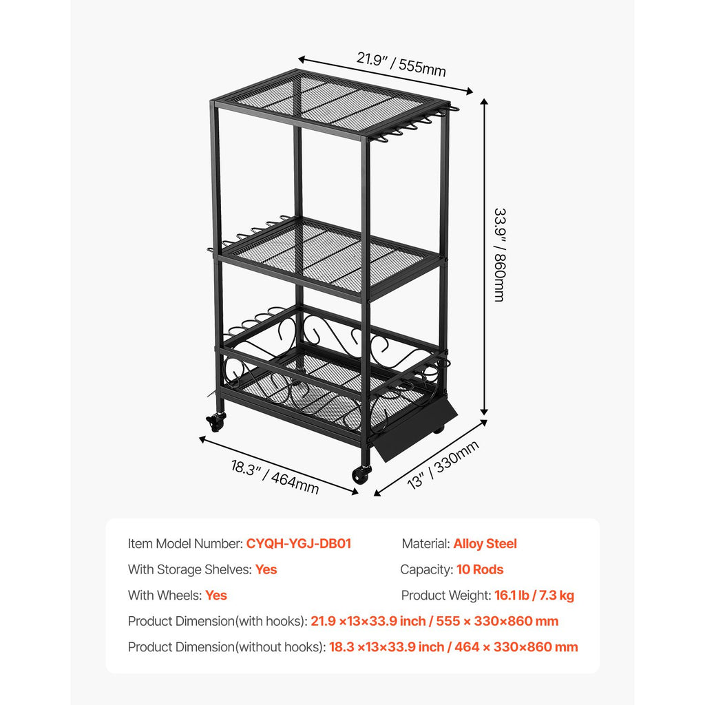 Fishing Rod Holder for 10-Rods, Mobile Fishing Pole Rack Cart with Wheels, Fish Gear Equipment Organizer for Garage Home Indoor Use, for Tackle Box Reel Accessories Storage, Gifts for Men
